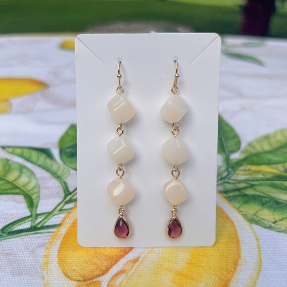 Hand Crafted Jewelry - Garnet Wine Red Crystal Glass Cream Moonstone Agate Style Casual Fun Earrings